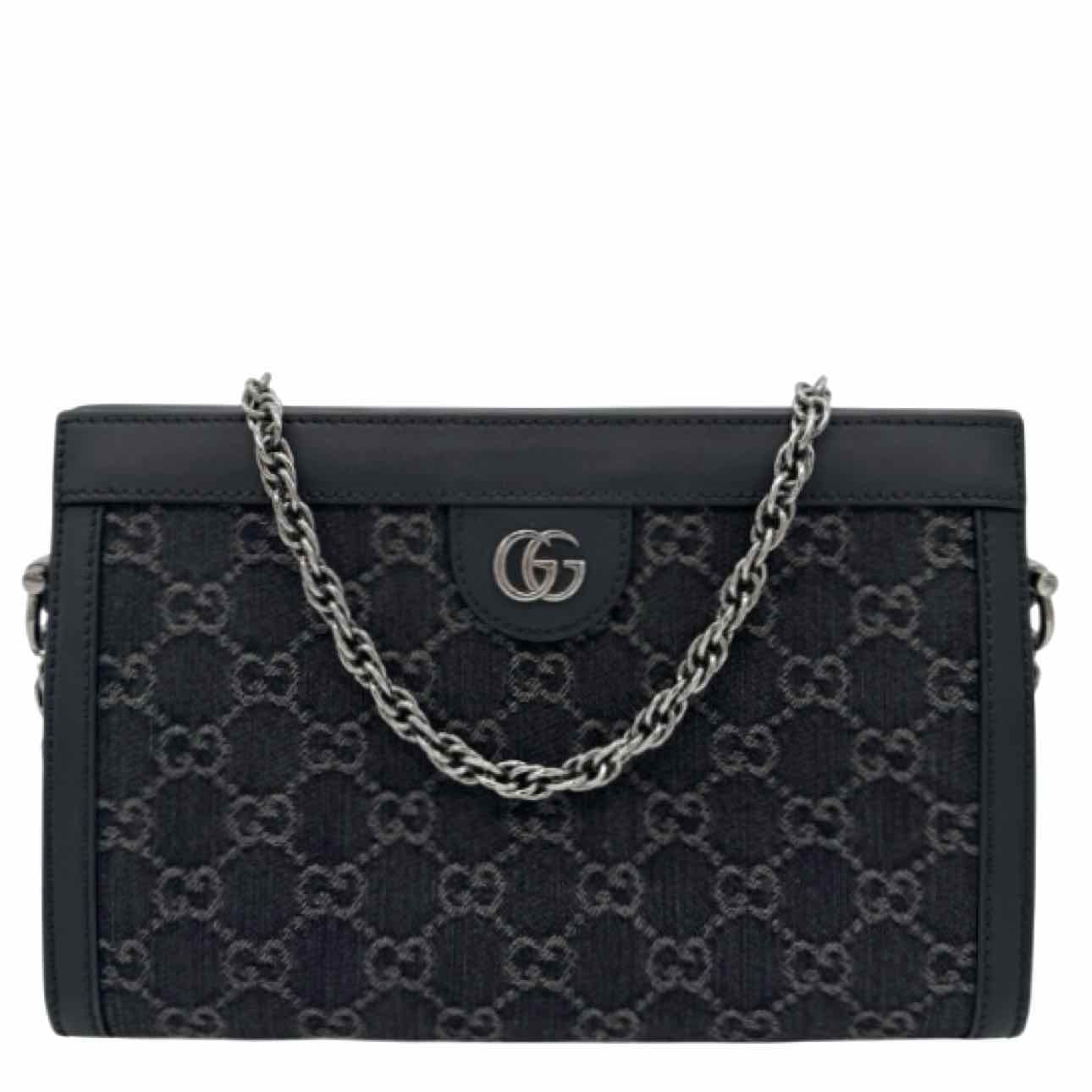 GUCCI Monogram Jacquard Denim Chain Shoulder Bag Black