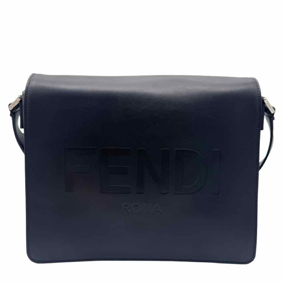 FENDI Calfskin Debossed Classic Logo Messenger Bag Black