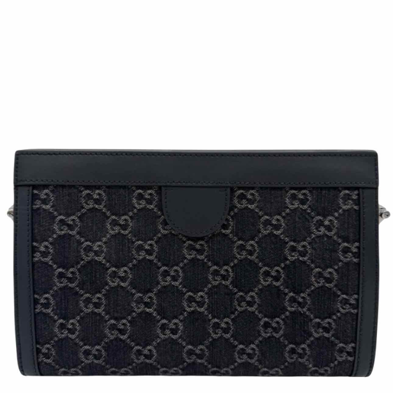 GUCCI Monogram Jacquard Denim Chain Shoulder Bag Black