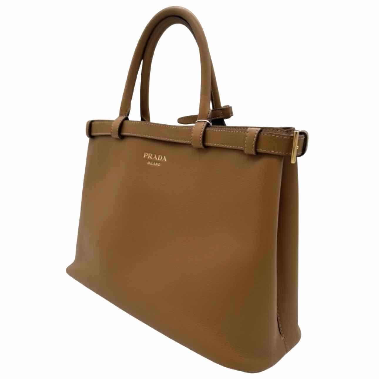 PRADA Calf Leather Medium Buckle Tote Caramel
