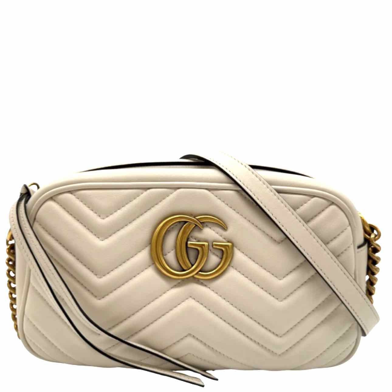 GUCCI GG Matelasse Chevron Leather Small Marmont Camera Bag White