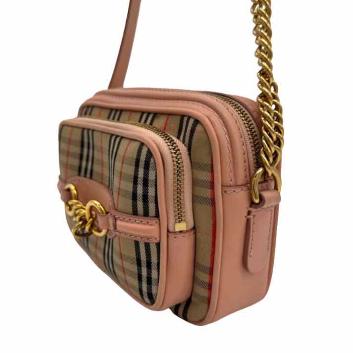 BURBERRY Smooth Calfskin 1983 Knight Check Link Camera Bag Peach
