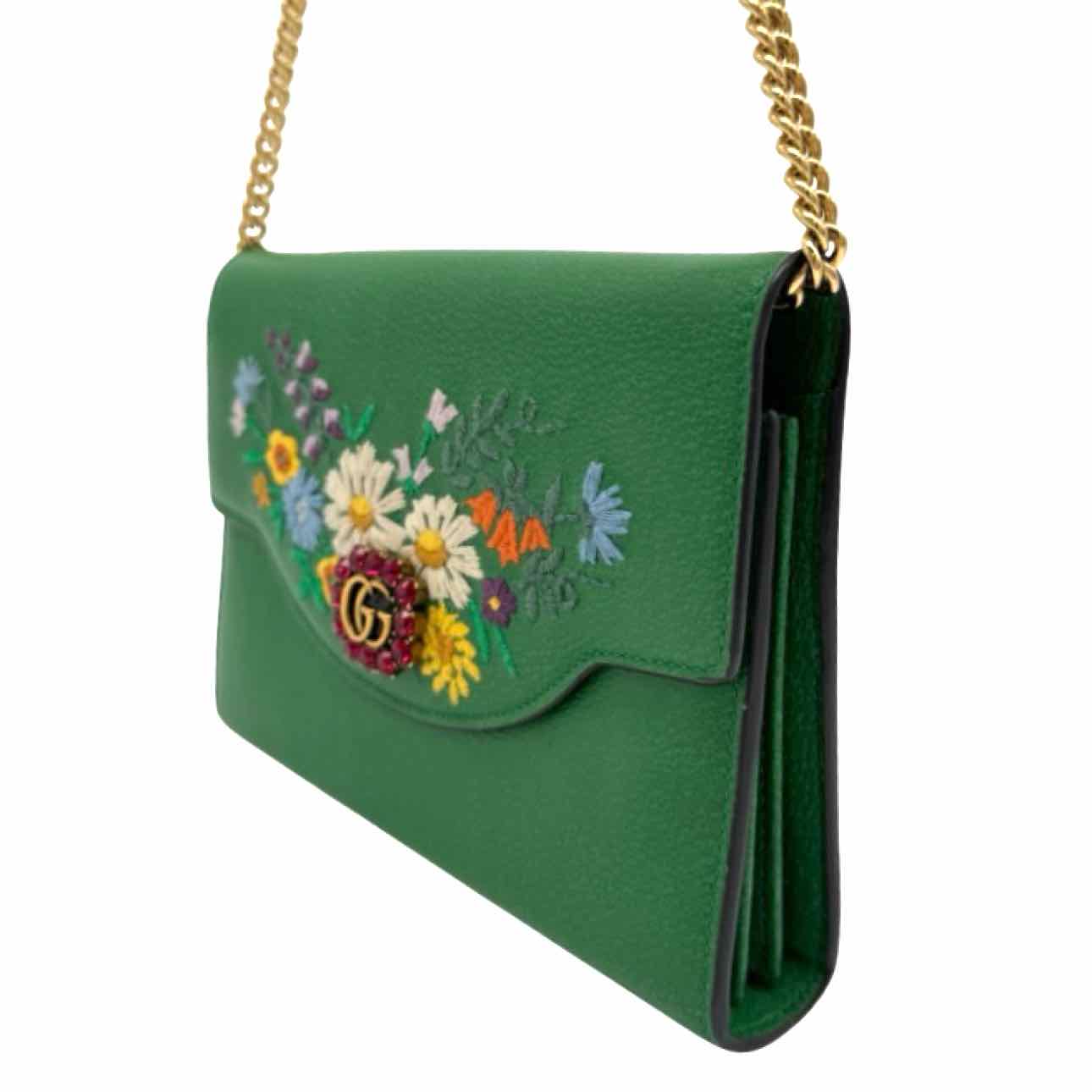 GUCCI Leather Linea Ricami Floral Embroidered Chain Bag Green