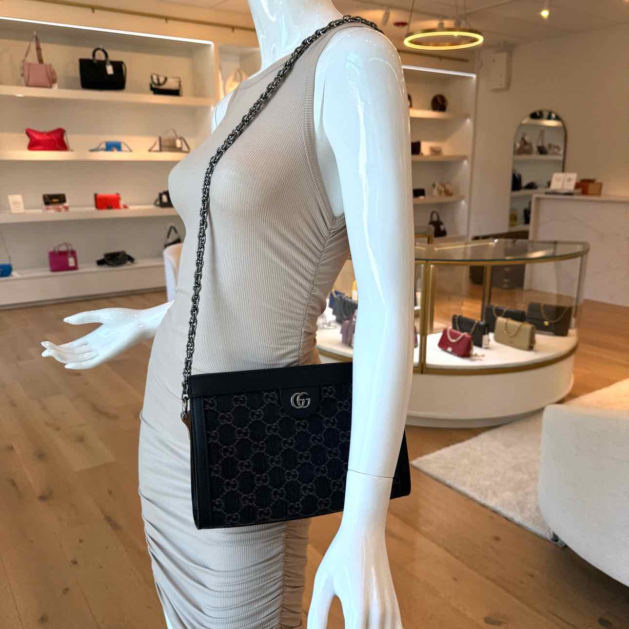 GUCCI Monogram Jacquard Denim Chain Shoulder Bag Black