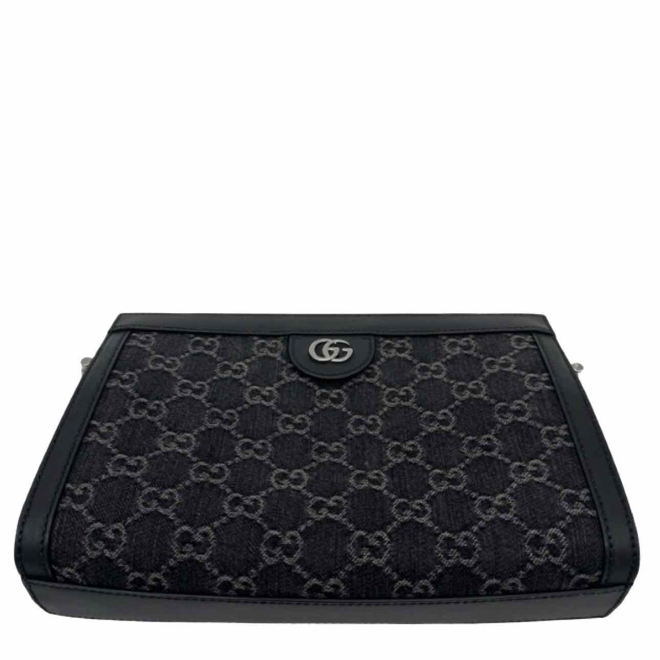 GUCCI Monogram Jacquard Denim Chain Shoulder Bag Black