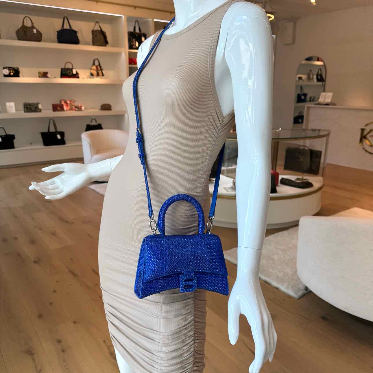 BALENCIAGA Suede Rhinestones Hourglass XS Electric Blue Handbag (Pre-Owned)
