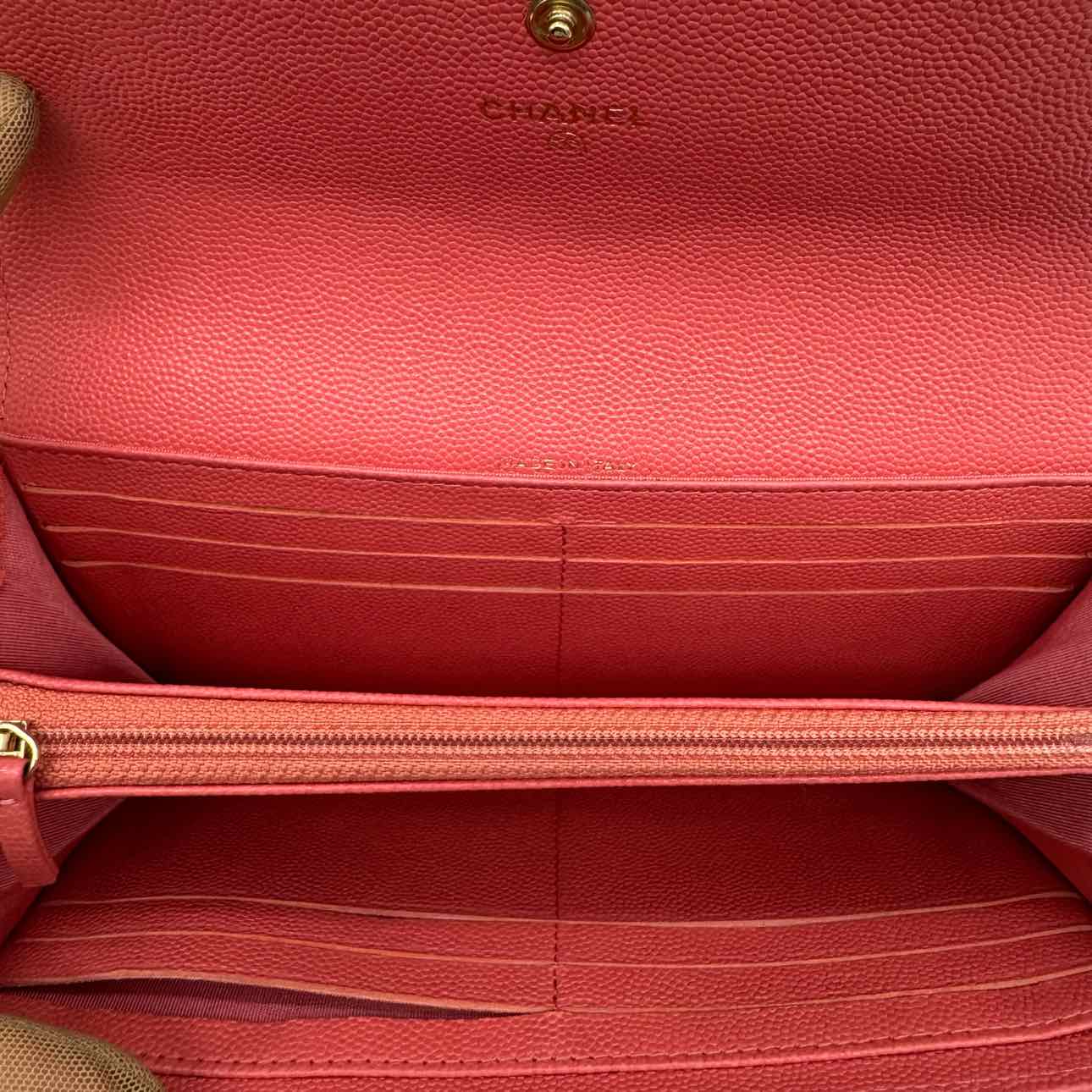 CHANEL Caviar Leather Classic Flap Wallet Coral