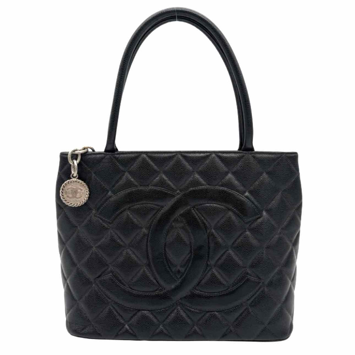 CHANEL Caviar Leather Medallion Tote Black Silver HW