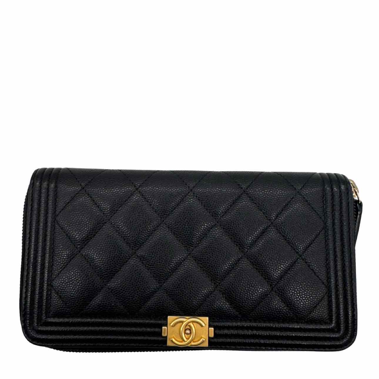 CHANEL Caviar Matelasse Long Zip Around Boy Wallet Black