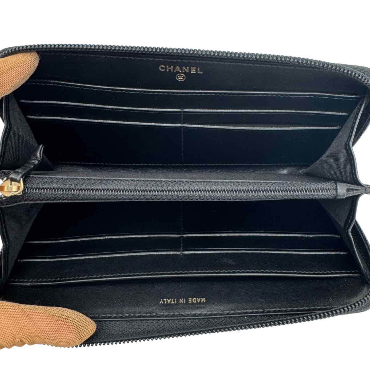 CHANEL Caviar Matelasse Long Zip Around Boy Wallet Black