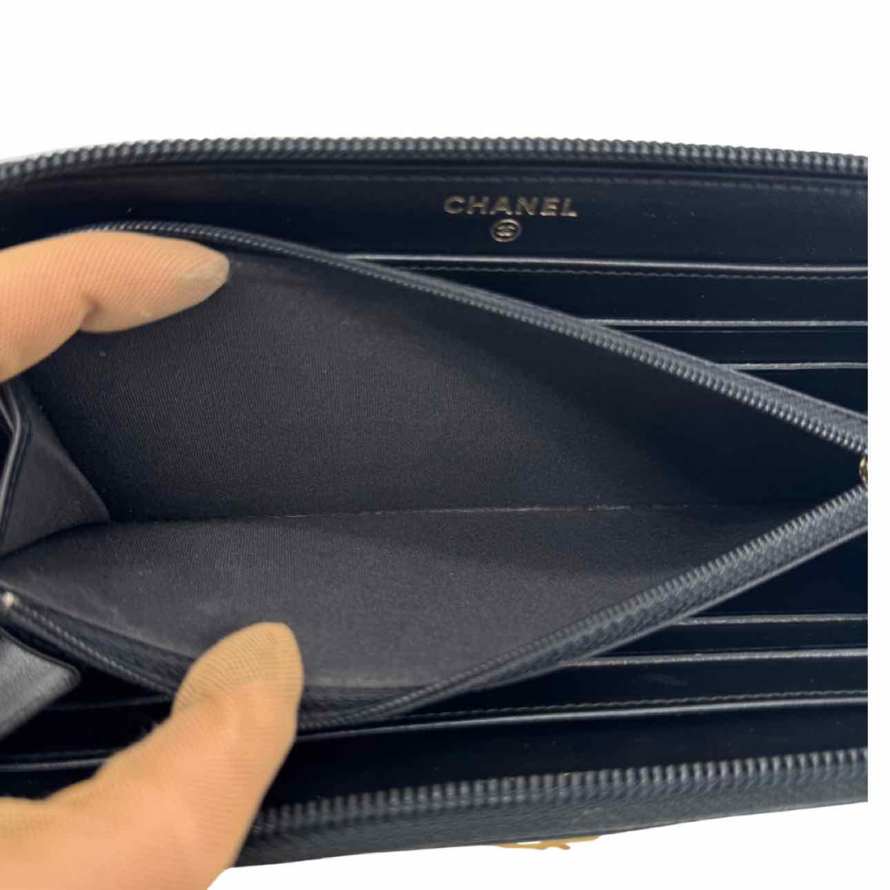 CHANEL Caviar Matelasse Long Zip Around Boy Wallet Black