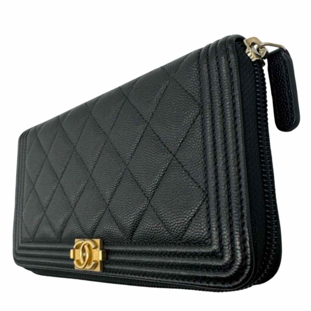 CHANEL Caviar Matelasse Long Zip Around Boy Wallet Black