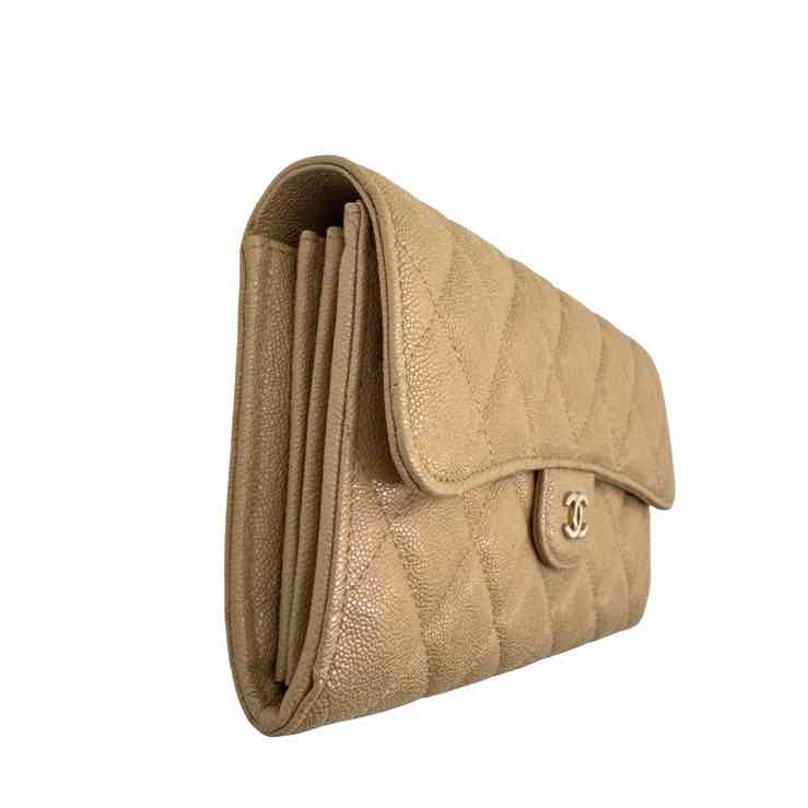 CHANEL Iridescent Caviar Quilted Long Gusset Flap Wallet Beige (Pre-Owned)