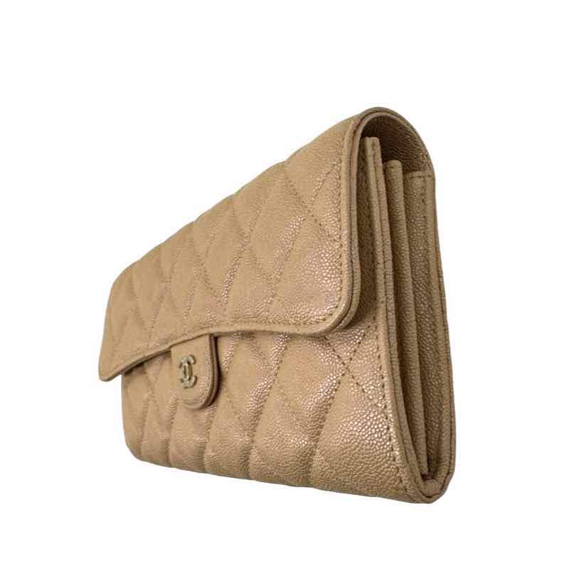 CHANEL Iridescent Caviar Quilted Long Gusset Flap Wallet Beige (Pre-Owned)