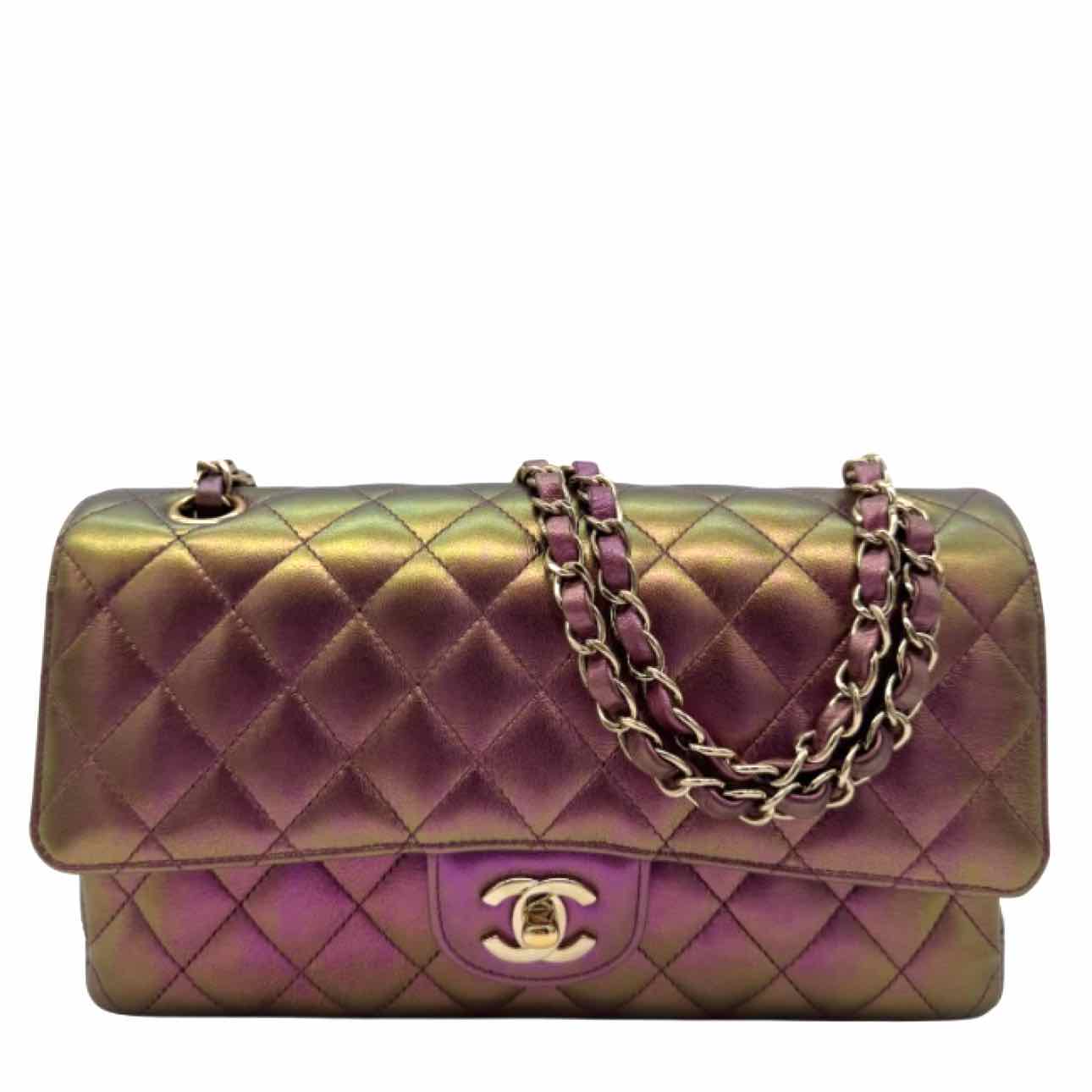 CHANEL Iridescent Lambskin Medium Double Flap Purple