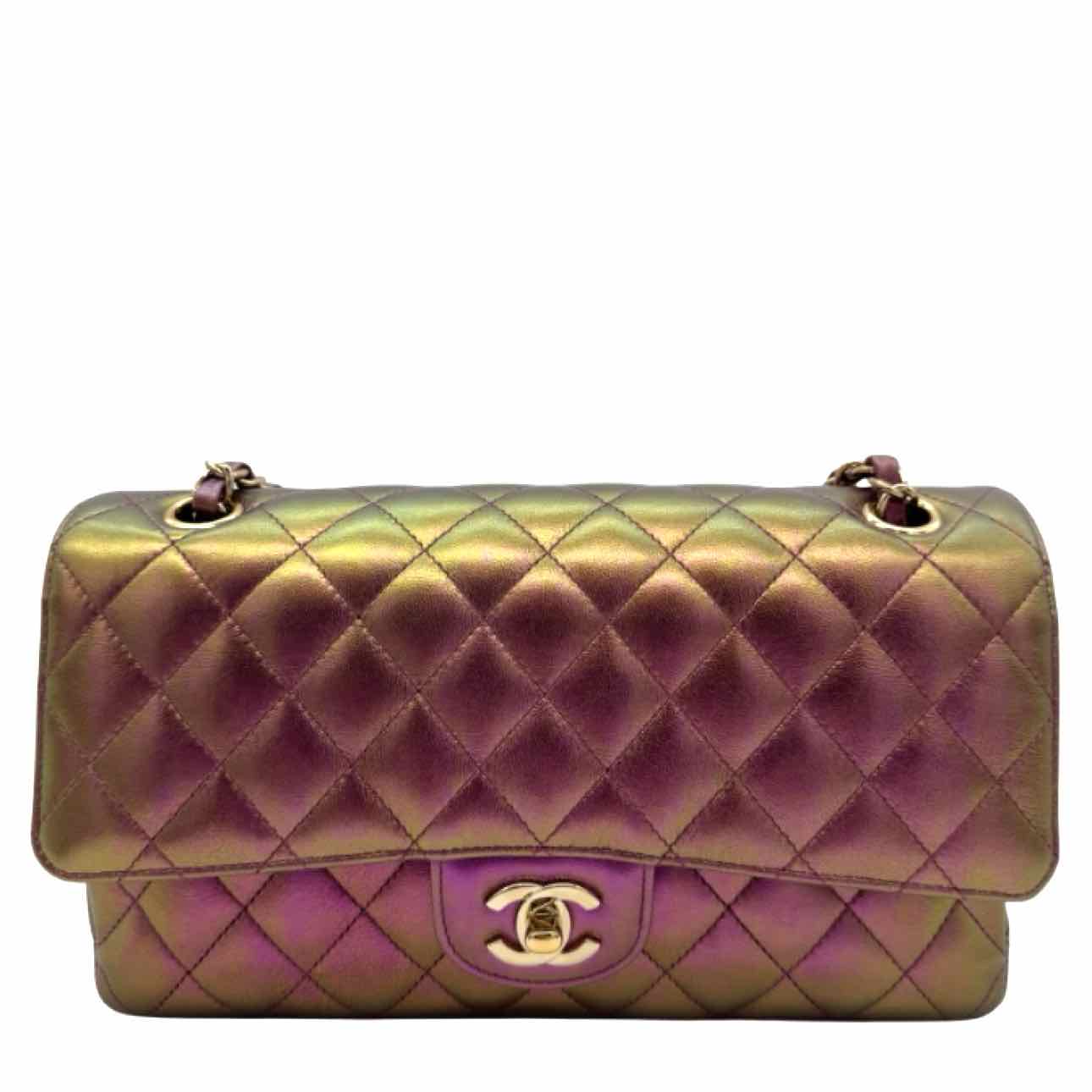 CHANEL Iridescent Lambskin Medium Double Flap Purple