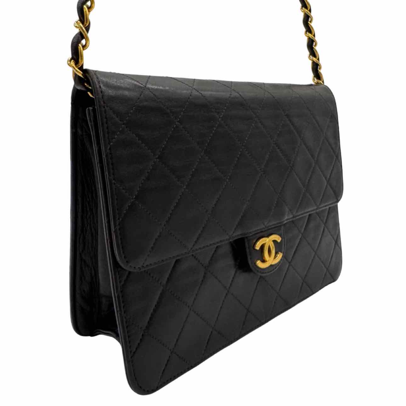 CHANEL Lambskin Flap Push Lock Shoulder Bag Black