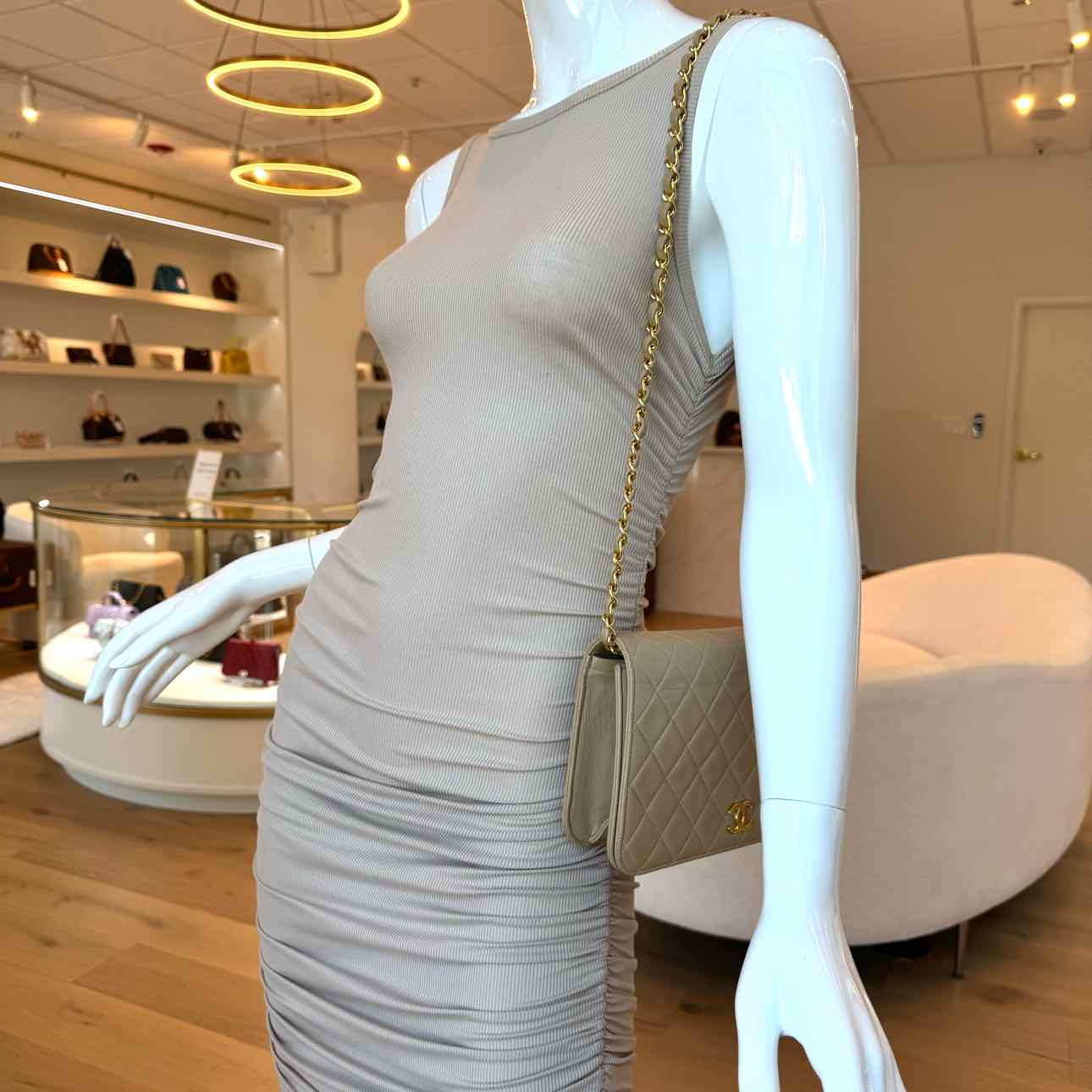 CHANEL Lambskin Vintage Small Push Lock Full Flap Beige