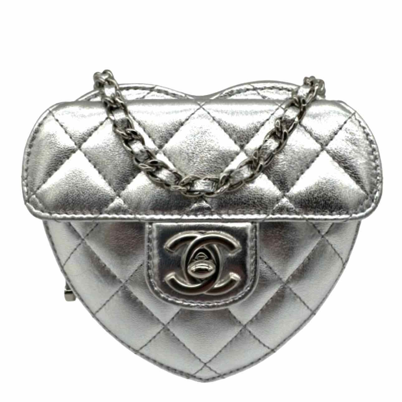 CHANEL Quilted Metallic Lambskin Heart In Love S25 Clutch On Chain Silver