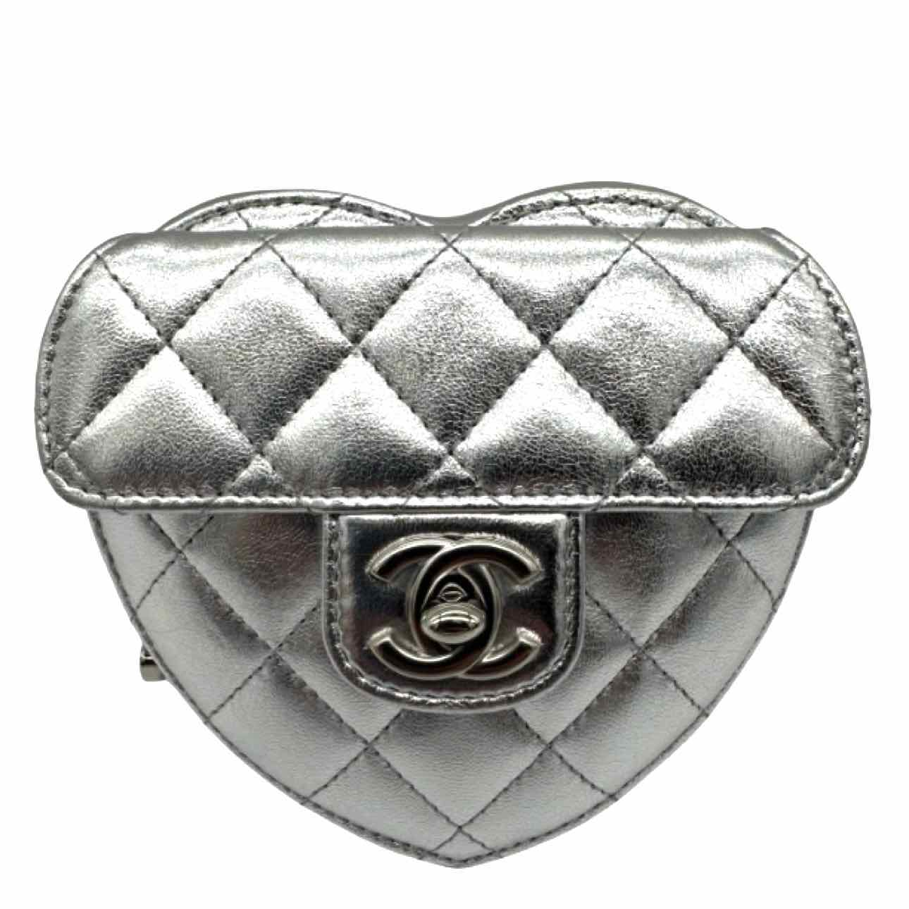 CHANEL Quilted Metallic Lambskin Heart In Love S25 Clutch On Chain Silver
