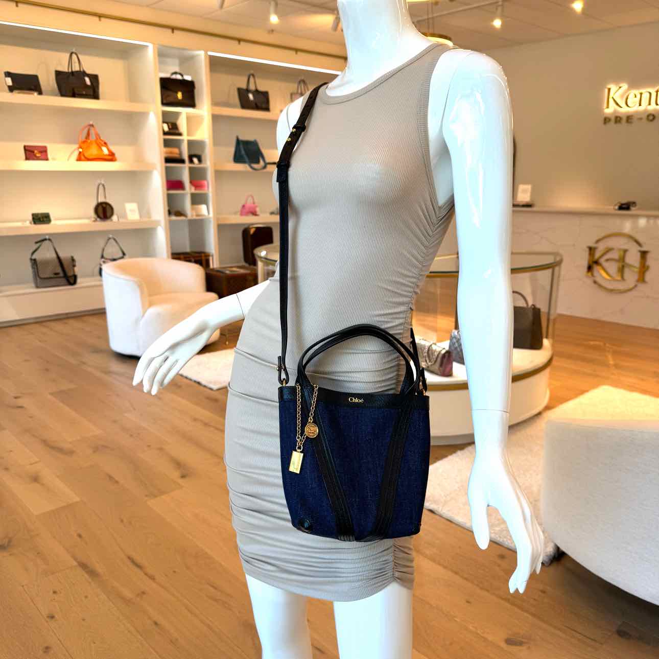 CHLOE Leather Trim Denim Small Spin Tote