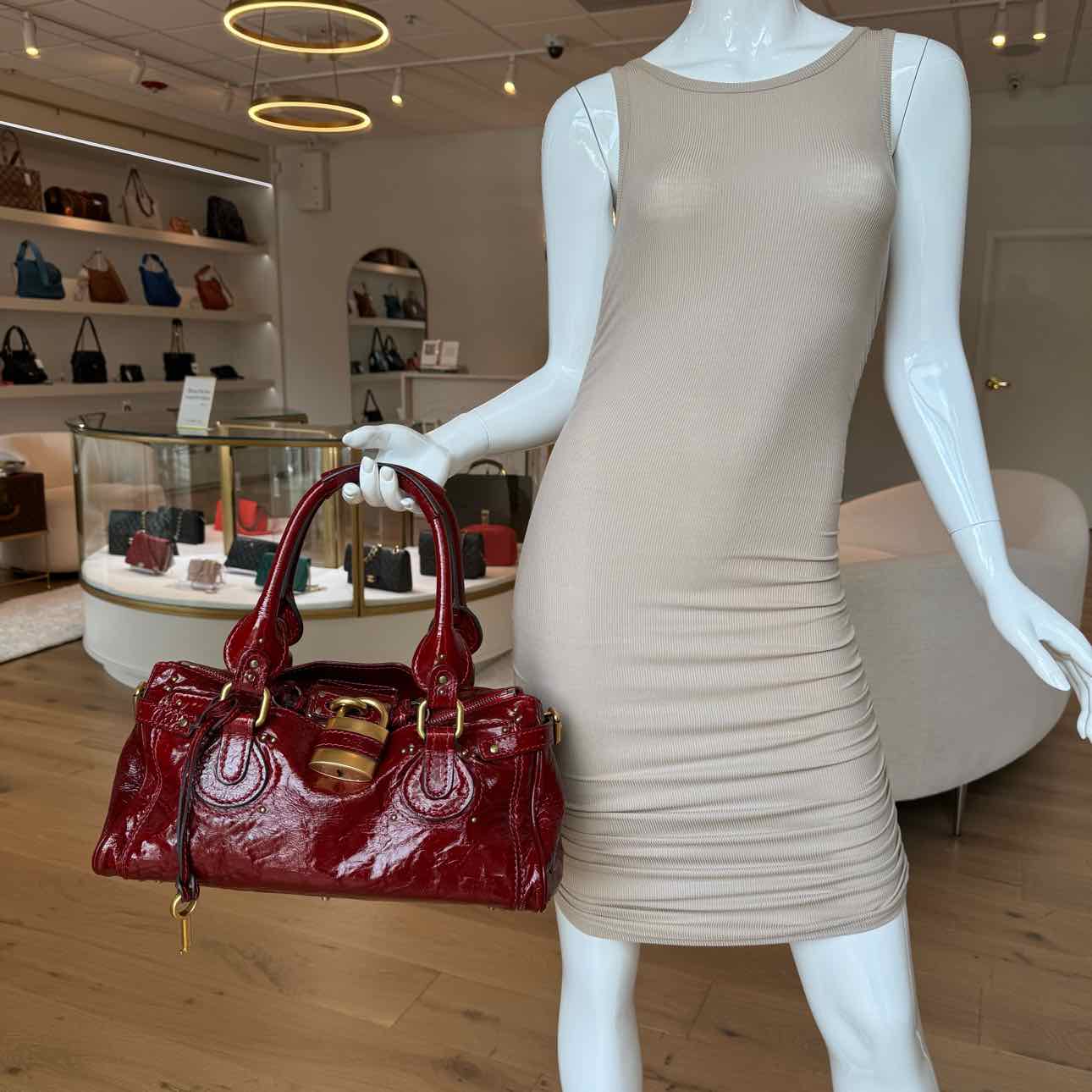 CHLOE Patent Leather Paddington Satchel Red