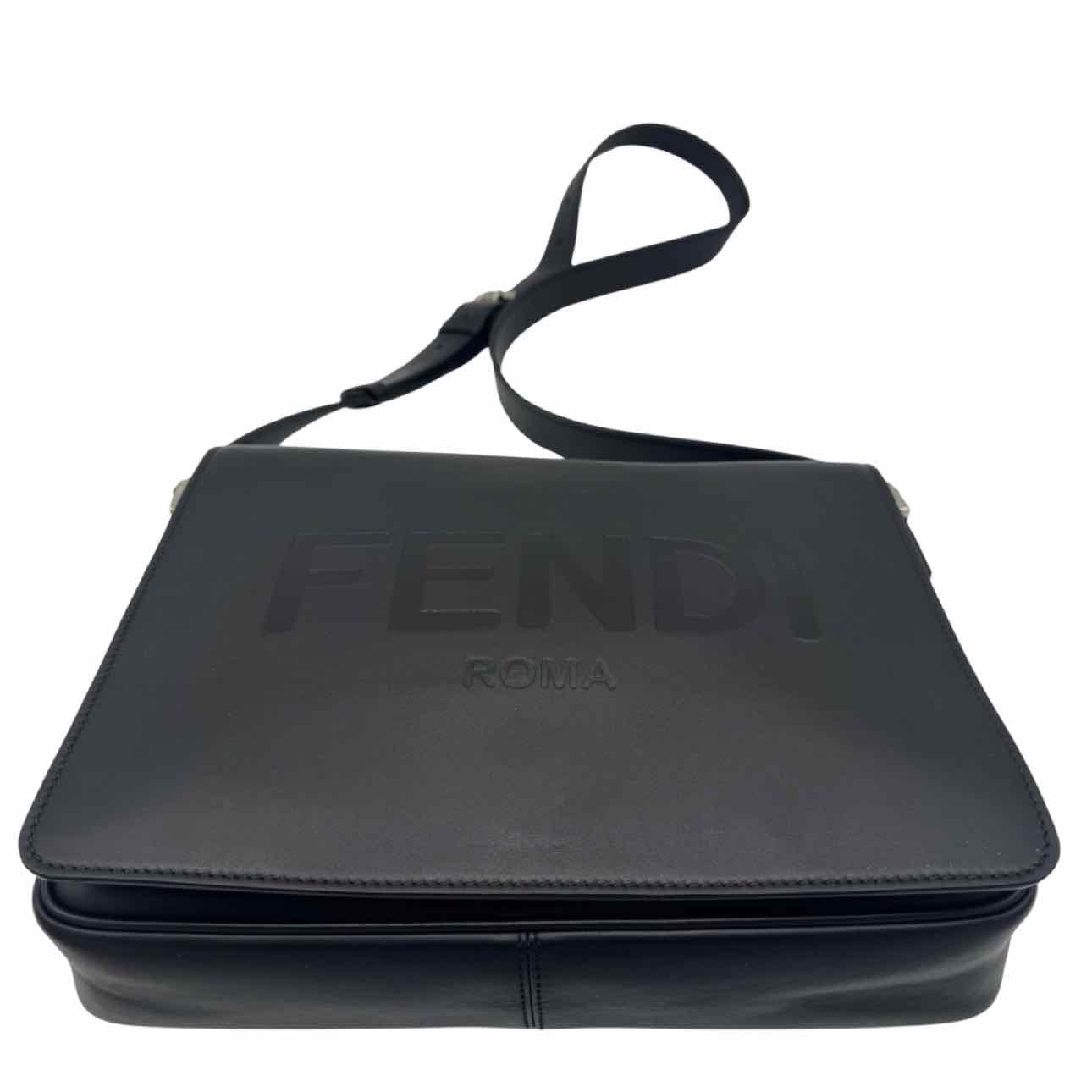 FENDI Calfskin Debossed Classic Logo Messenger Bag Black