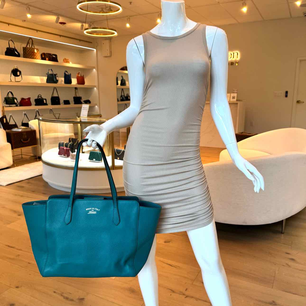 GUCCI Calfskin Dollar Medium Swing Tote Teal