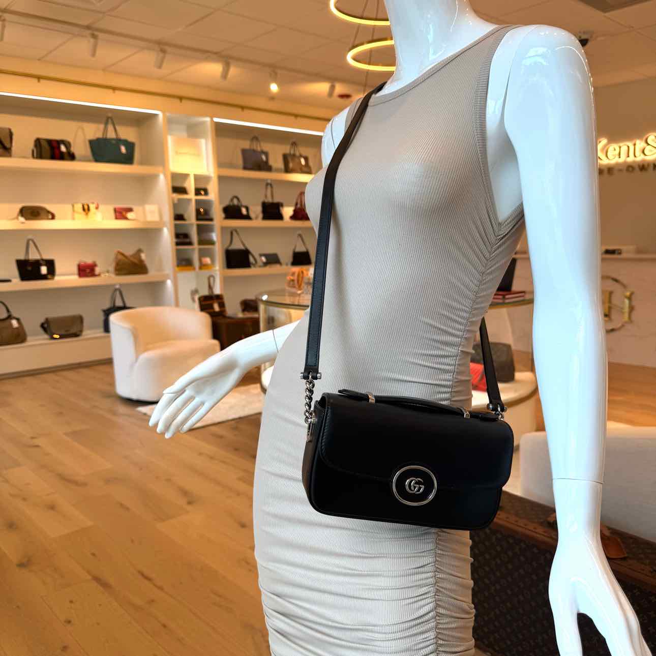 GUCCI Calfskin Senna Top Handle Shoulder Bag Black