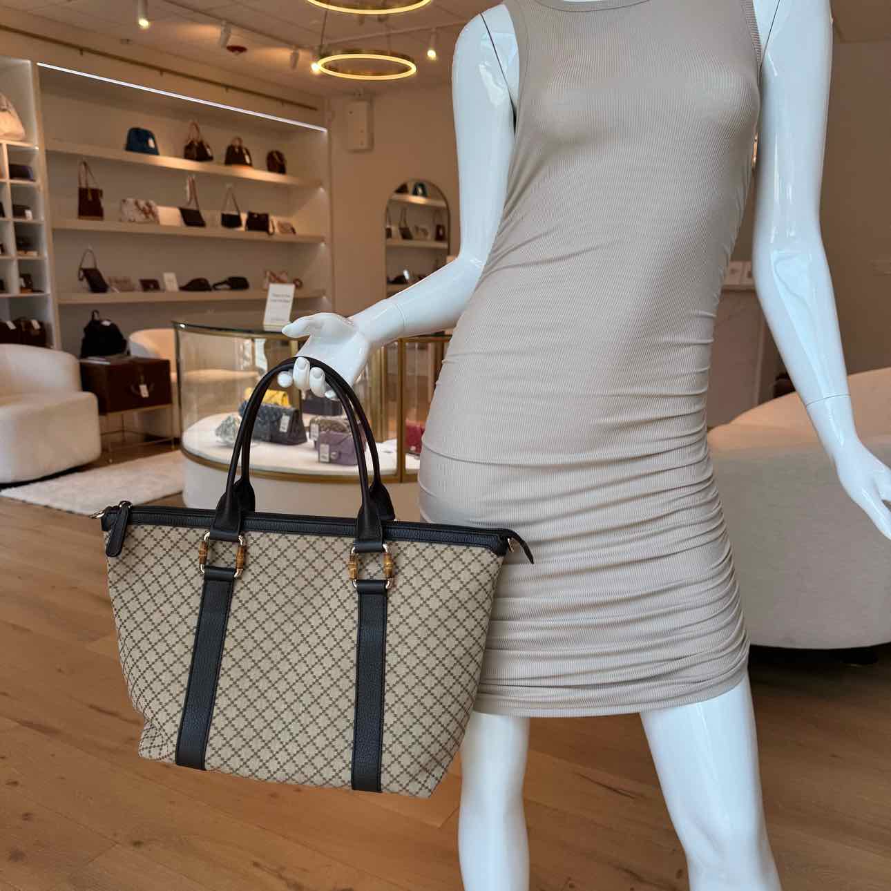 GUCCI Canvas Diamante Bamboo Tote Brown