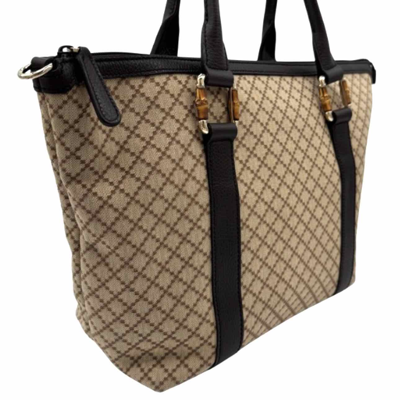 GUCCI Canvas Diamante Bamboo Tote Brown