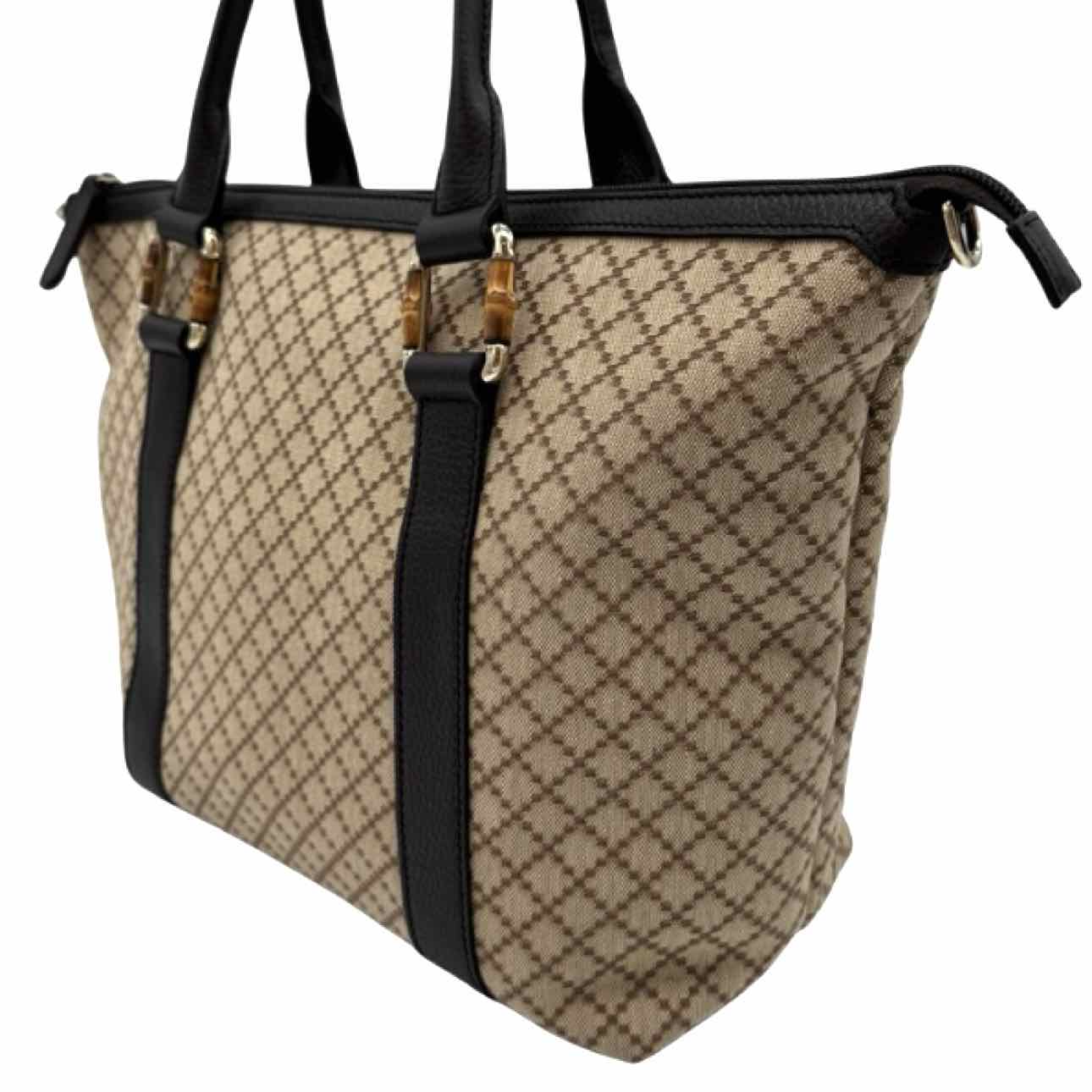 GUCCI Canvas Diamante Bamboo Tote Brown
