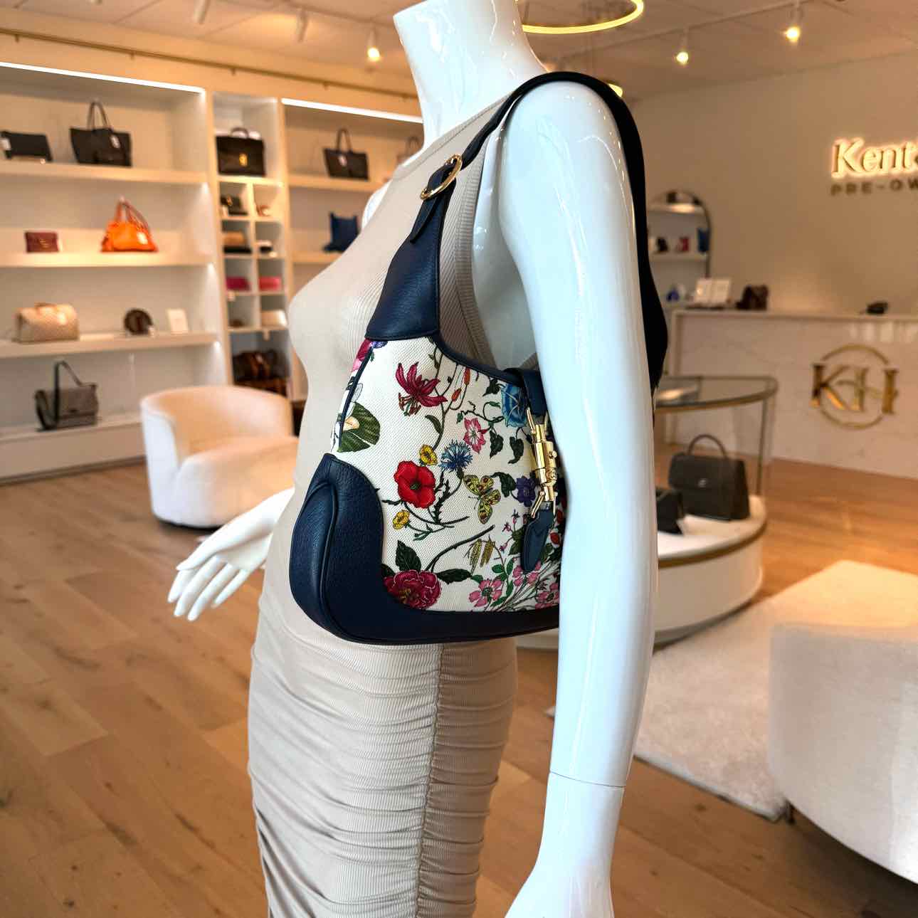 GUCCI Canvas Jackie Flora Medium Hobo Bag Navy