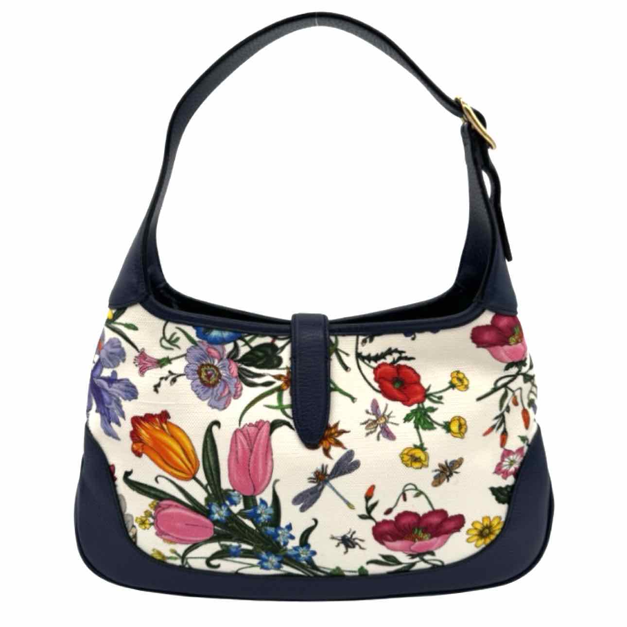 GUCCI Canvas Jackie Flora Medium Hobo Bag Navy