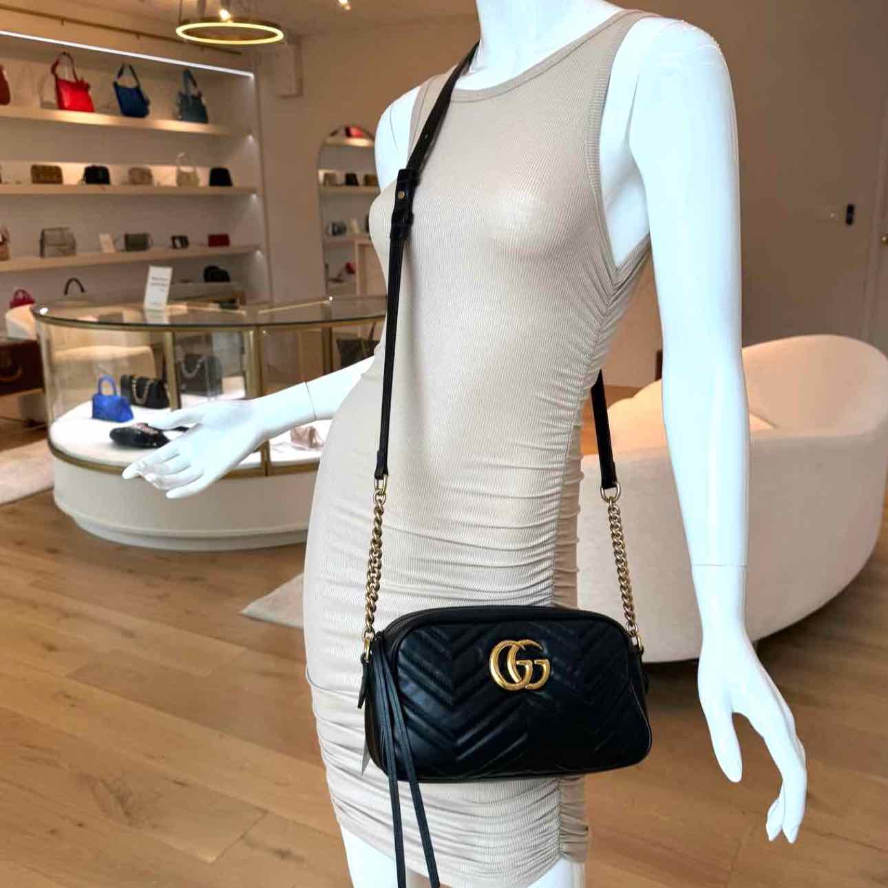 GUCCI Matelasse Chevron GG Marmont Small Camera Bag Black