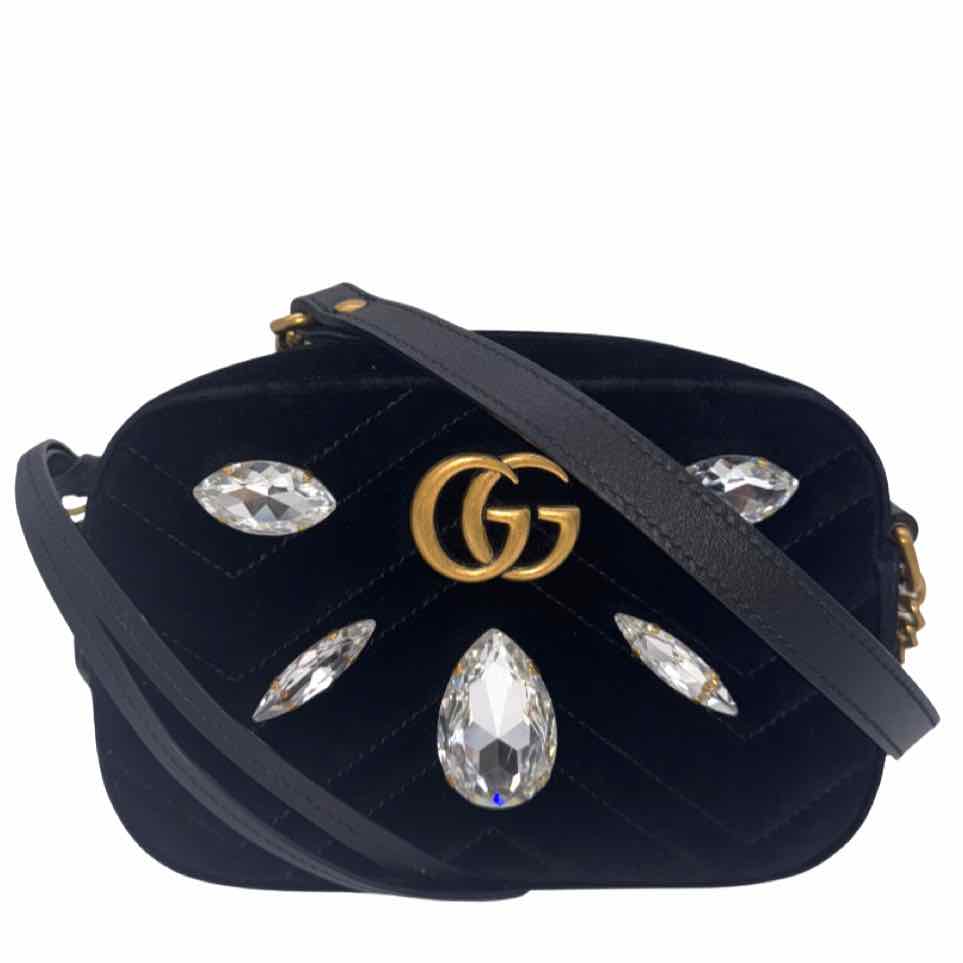 GUCCI Velvet Matelasse Marquise Crystals Mini GG Marmont Shoulder Bag