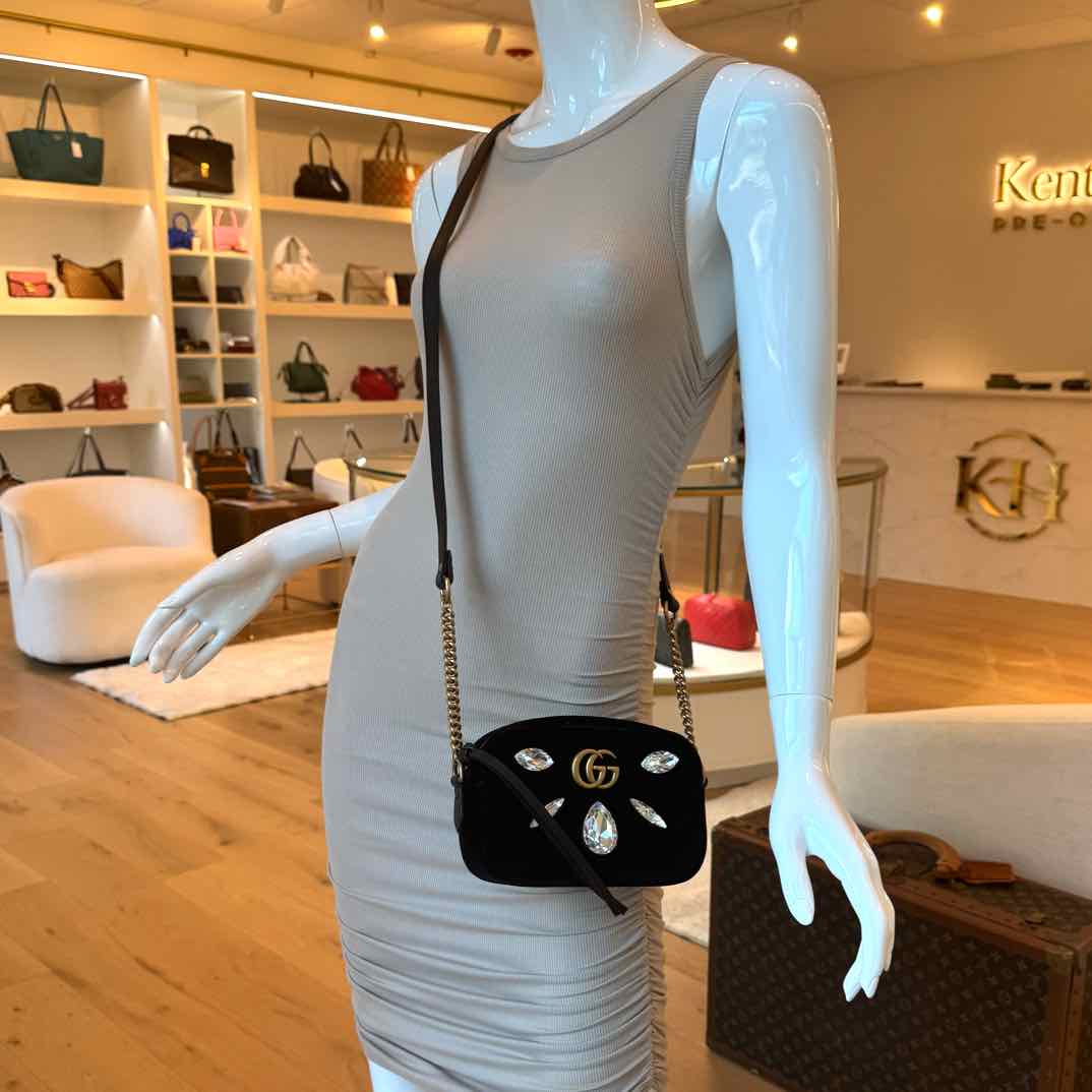 GUCCI Velvet Matelasse Marquise Crystals Mini GG Marmont Shoulder Bag