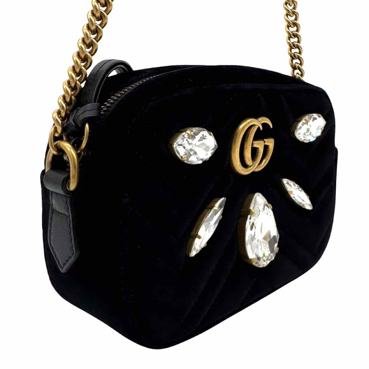 GUCCI Velvet Matelasse Marquise Crystals Mini GG Marmont Shoulder Bag