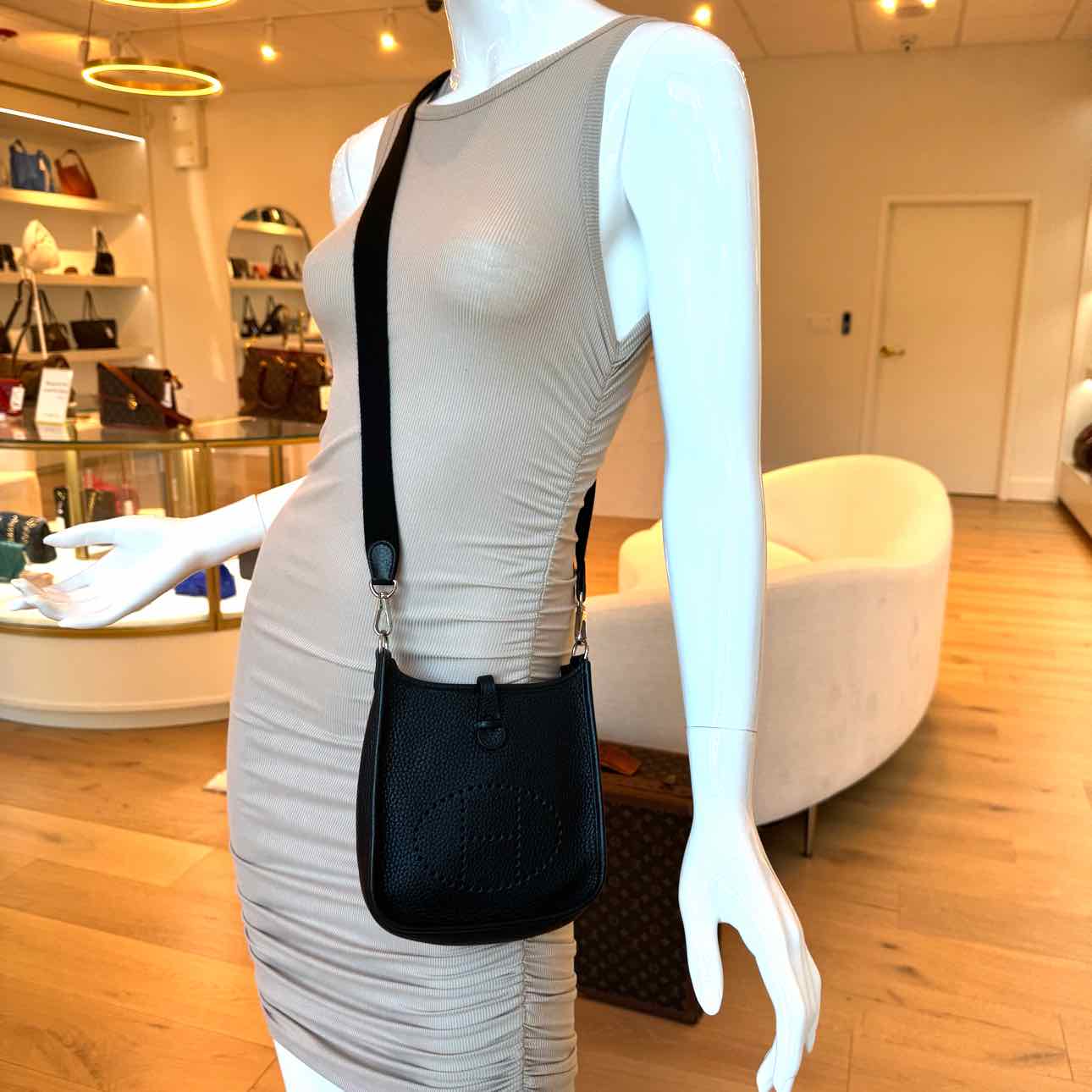 HERMES Clemence Leather Evelyne TPM Black Crossbody