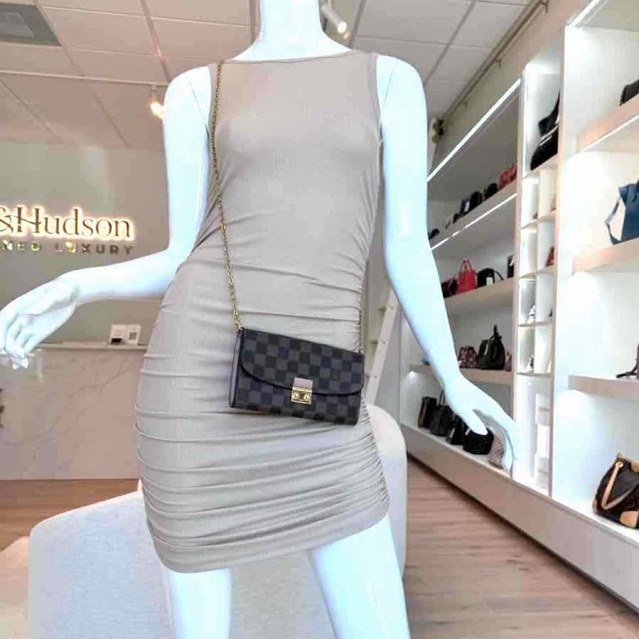 LOUIS VUITTON Damier Ebene Croisette Chain Wallet Rose Ballerine