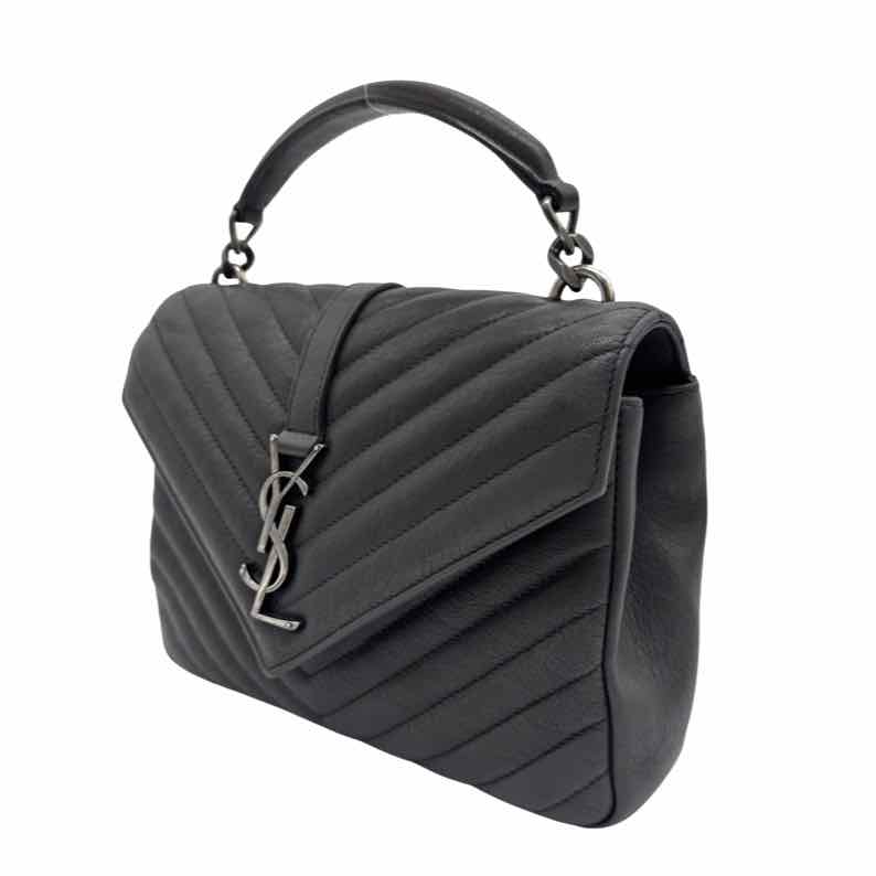 SAINT LAURENT Lambskin Chevron Medium College Bag Charcoal (Pre-Owned)