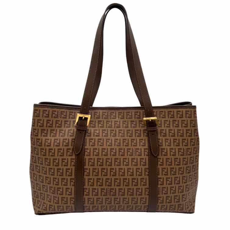 FENDI Zucchino Spalmati Vitello Shoulder Tote Brown (Pre-Owned)