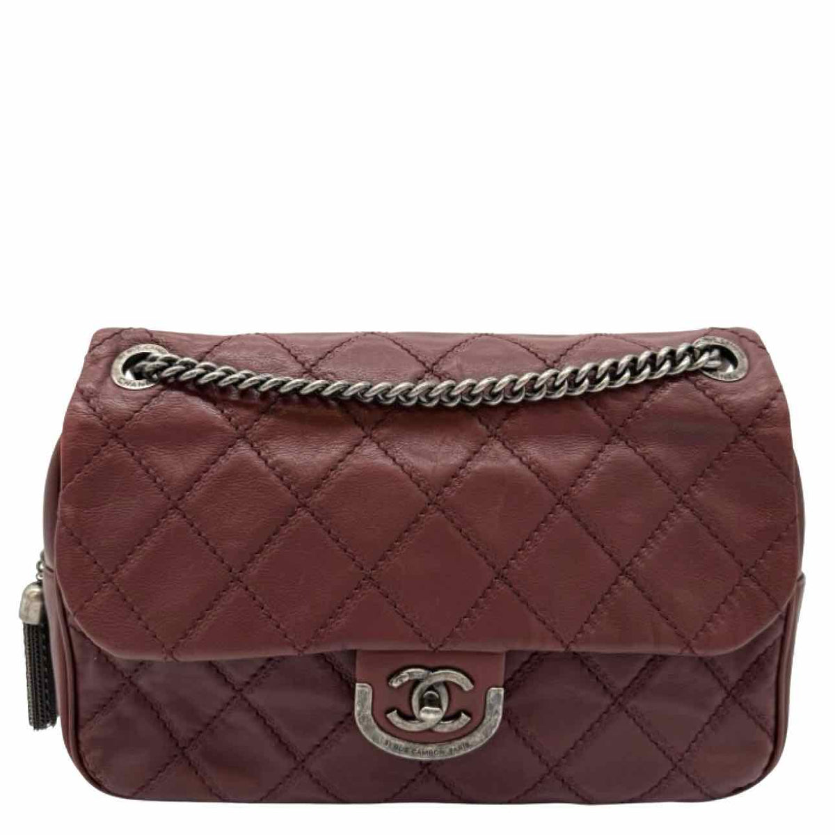 CHANEL Diamond Quilted Calfskin Paris Edinburgh Coco Flap Bag Burgundy