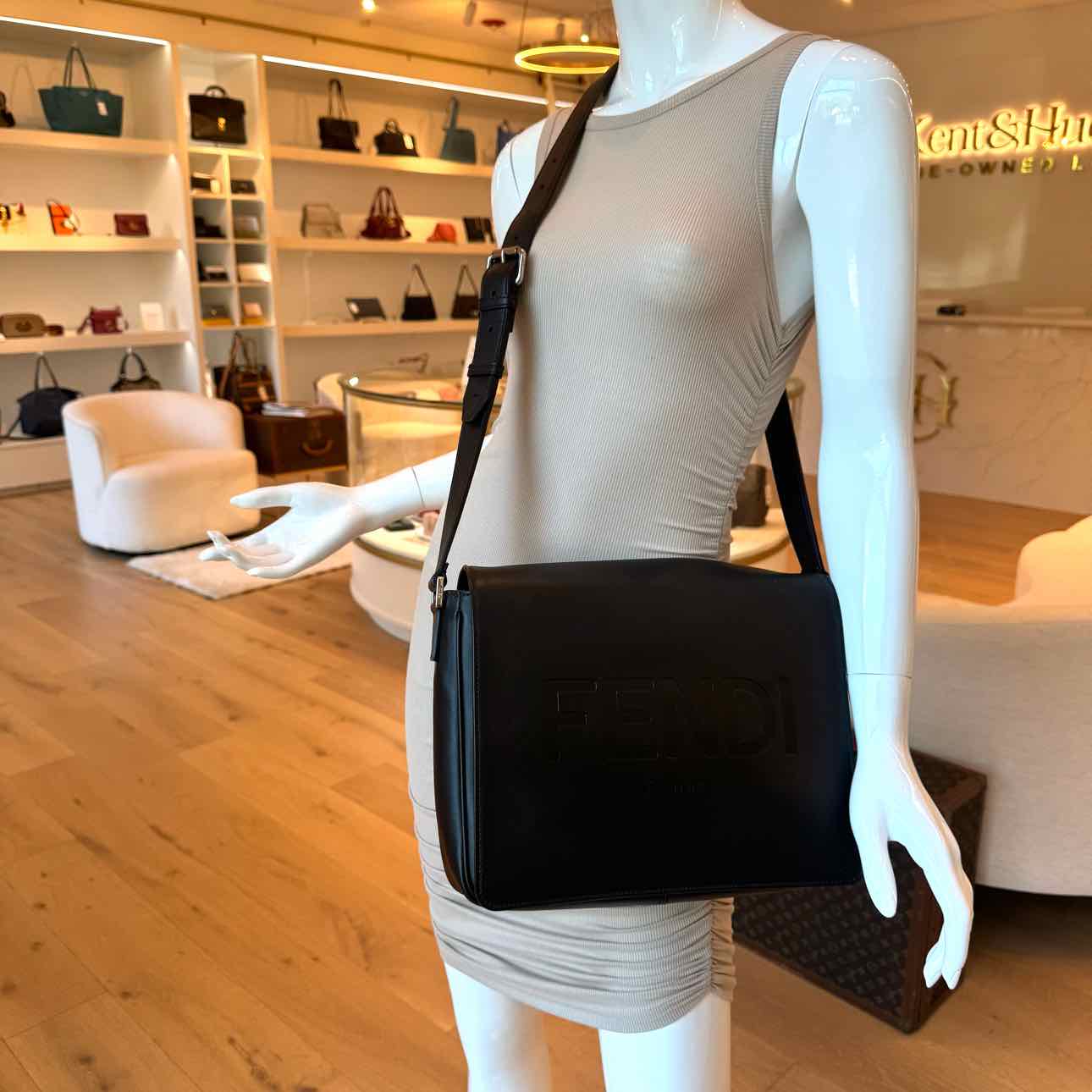 FENDI Calfskin Debossed Classic Logo Messenger Bag Black