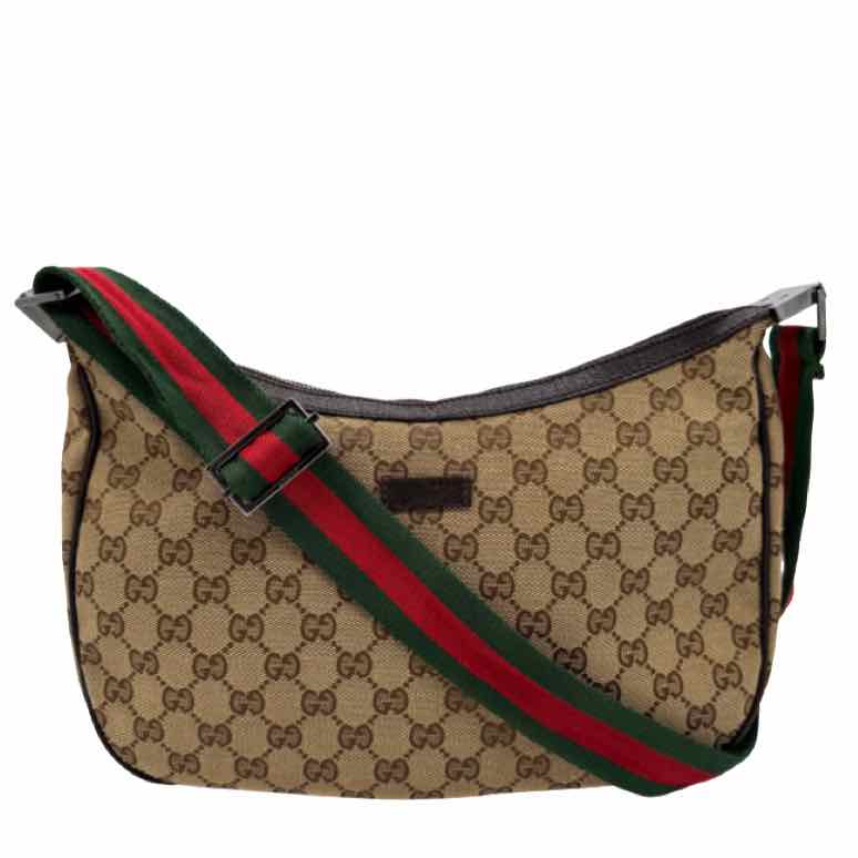 GUCCI Monogram Canvas Web Medium Half Moon Hobo (Pre-Owned)
