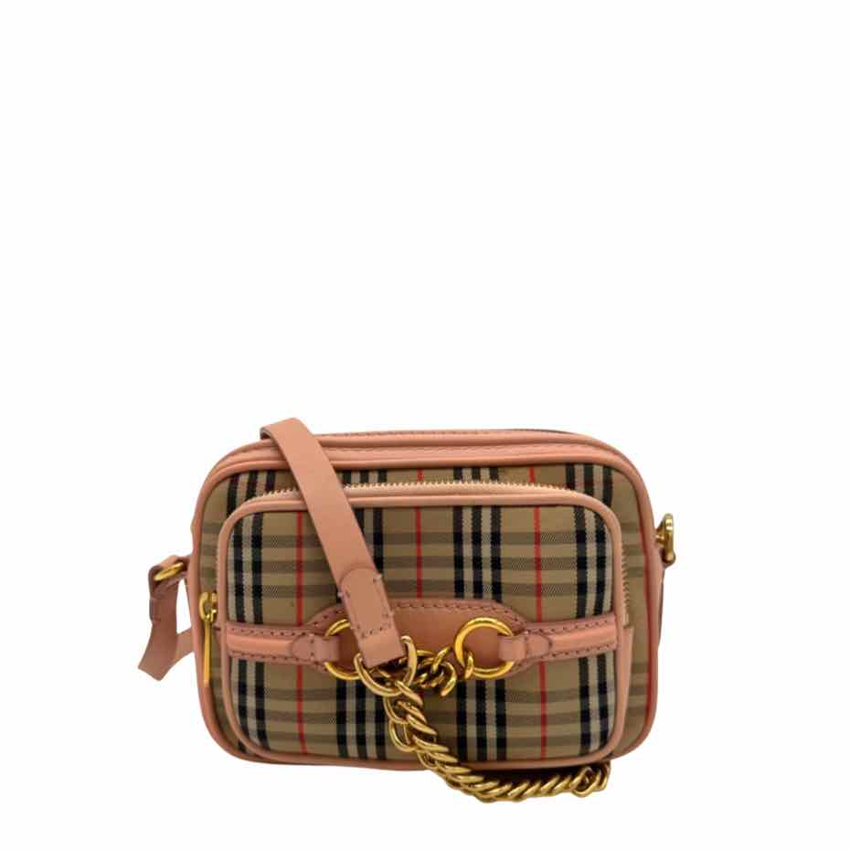 BURBERRY Smooth Calfskin 1983 Knight Check Link Camera Bag Peach