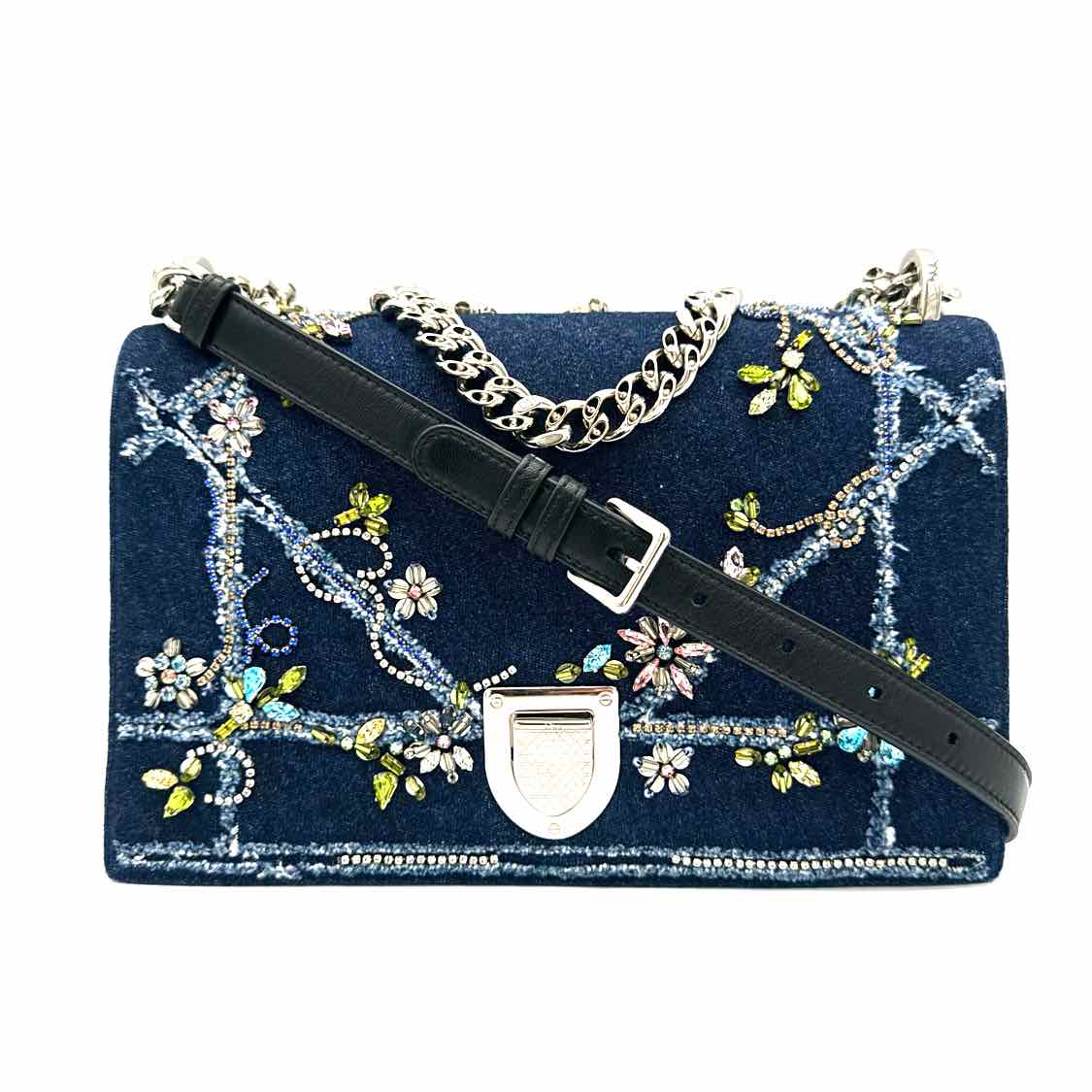 DIOR Medium Crystal Flowers on Denim Diorama Flap Bag Blue