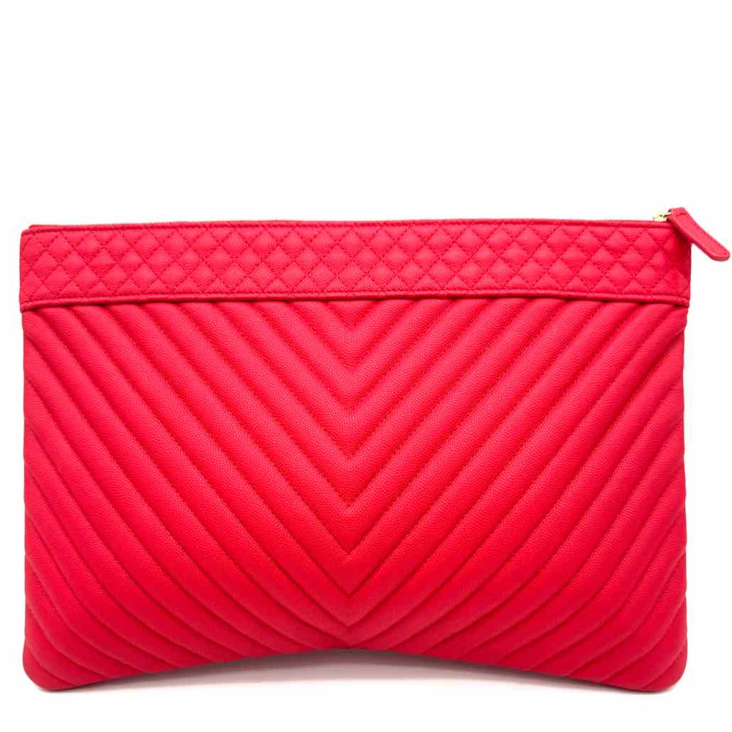 Chanel Quilted Caviar Chevron Large Cosmetic Case Red