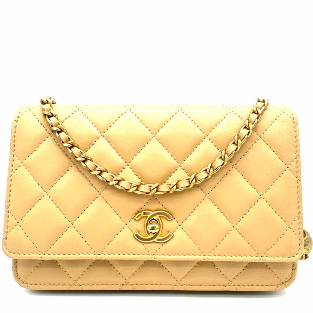 Chanel Lambskin Quilted CC Pearl Crush Wallet on Chain Beige