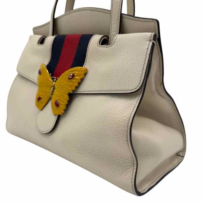 GUCCI Grained Calfskin Web Stripe Butterfly Totem Handbag Beige (Pre-Owned)